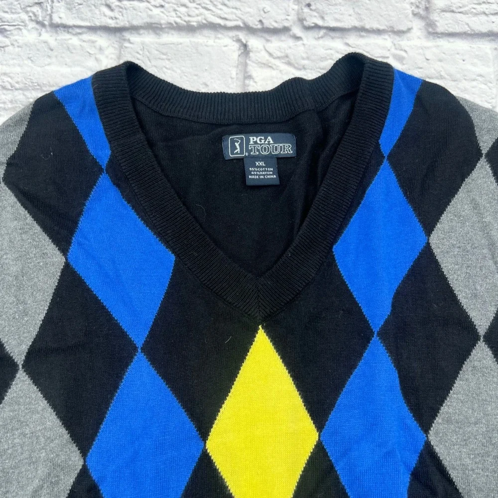 PGA Tour Mens XXL Argyle Sweater Vest Black Blue Yellow V-Neck Golf Knit